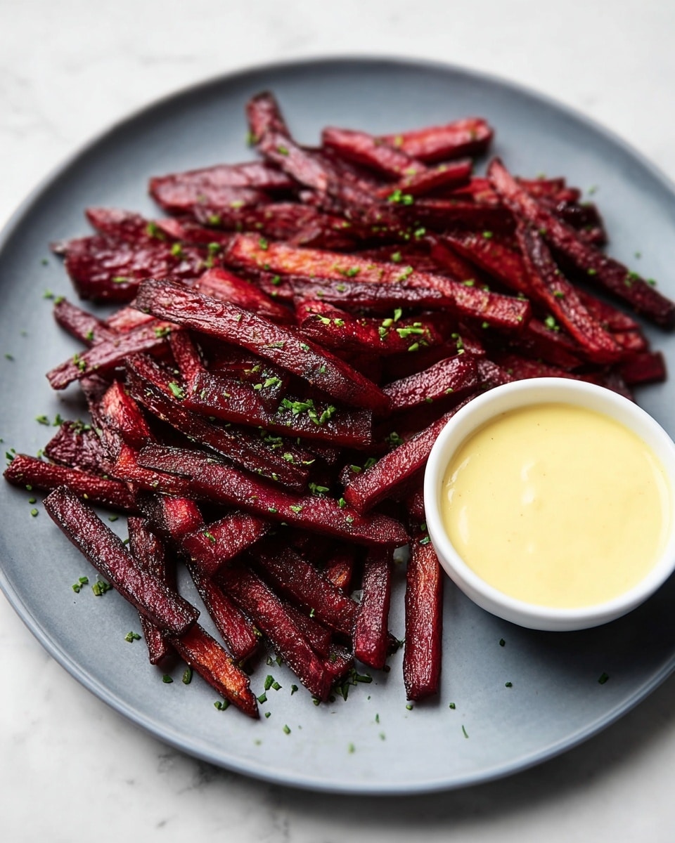 A white plate filled with a pile of dark red beet fries, which have a slightly crispy texture and some charred edges, sprinkled with small pieces of green herbs evenly scattered on top. On the right side of the plate, a small white bowl holds a smooth, creamy light yellow dipping sauce. The plate sits on a white marbled surface, creating a clean and bright background. Photo taken with an iphone --ar 4:5 --v 7