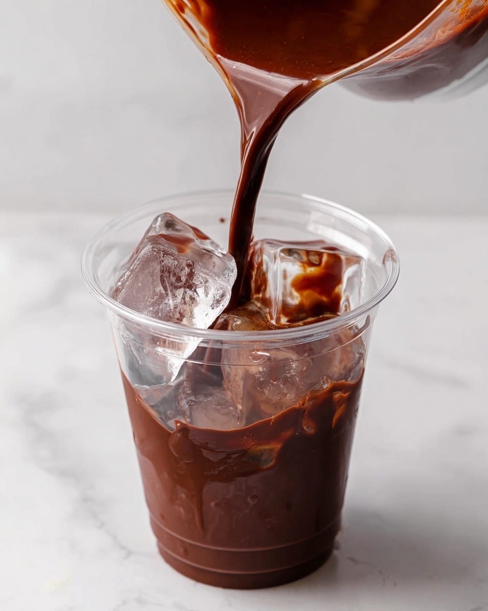 A clear plastic cup filled with a smooth dark brown layer of chocolate coating on the inside and large ice cubes sitting in it, followed by a stream of dark coffee being poured from a glass container into the cup, mixing with the ice; the scene is set against a white marbled background. photo taken with an iphone --ar 4:5 --v 7