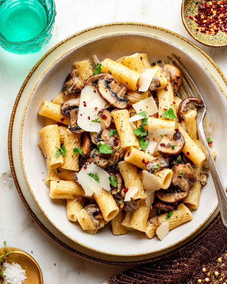 A white bowl filled with a single layer of rigatoni pasta, light golden in color with a smooth texture, mixed evenly with sautéed mushroom slices that are dark brown and slightly glossy. On top, scattered thin, off-white shavings of cheese and small bright green parsley leaves add a fresh touch. Tiny red chili flakes and black pepper specks are sprinkled throughout. A silver fork rests on the right side of the bowl. The bowl sits on top of a white plate with a muted gold rim, all placed on a white marbled surface. Nearby, a green and brown glass with light blue liquid is visible in the upper right corner, and part of a brown cloth with gold beading is in the lower right corner. photo taken with an iphone --ar 4:5 --v 7