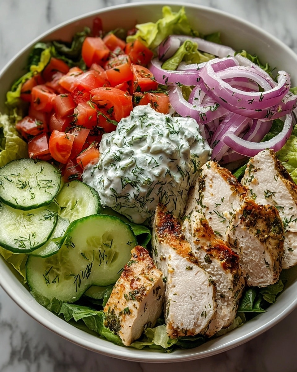 A white bowl filled with a fresh salad placed on a white marbled surface, containing a base layer of green leafy lettuce. On one side, there are several slices of light green cucumber with visible seeds, next to a pile of small, bright red diced tomatoes. At the center, there is a mound of creamy white yogurt sauce with finely chopped green herbs mixed in, topped with a scattering of purple-red onion slices. Surrounding the sauce, there are chunks of grilled chicken with a light golden-brown outside and moist white inside, sprinkled with herbs. The colors are vibrant, and the textures range from creamy to crunchy and tender. photo taken with an iphone --ar 4:5 --v 7