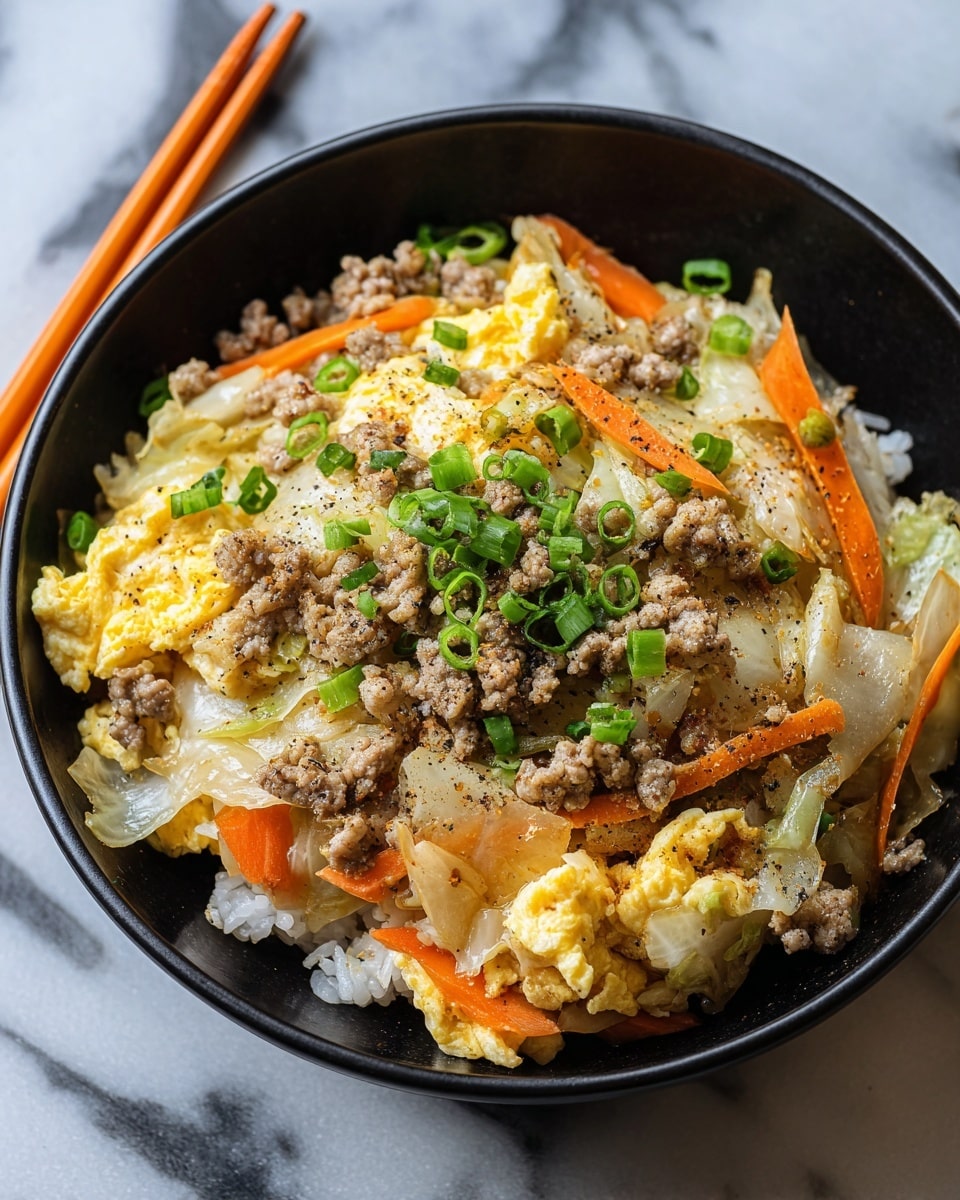 A black bowl filled with a colorful layered dish sits on a white marbled surface. The bottom layer is white rice, topped with scrambled eggs in light yellow with fluffy texture. Above the eggs, there are cooked ground meat pieces in light brown, mixed with thin, soft slices of cabbage in pale green and orange carrot strips. Small, bright green chopped scallions are sprinkled on top, along with visible black pepper seasoning, adding contrast to the dish. The food looks fresh and warm, with a mix of soft and slightly crisp textures. To the side, orange chopsticks rest against the bowl. Photo taken with an iphone --ar 4:5 --v 7