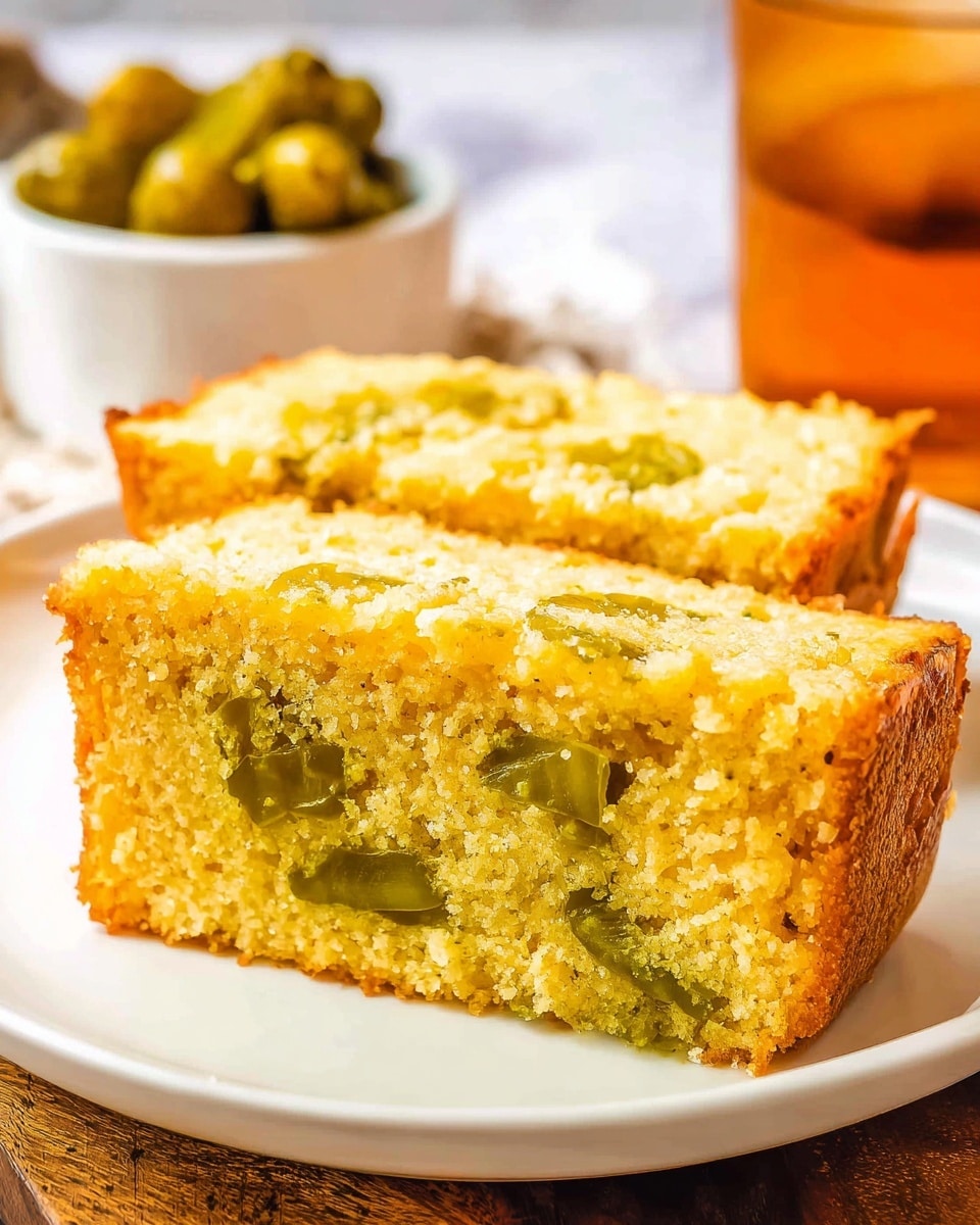 Two slices of dense, golden baked bread with visible green flecks of chopped pickles and orange bits of cheese are stacked on a wooden board. The top slice is balanced horizontally on the bottom slice, showing a textured crust with a slightly browned top. Around the bread, there are several round green pickle slices and thin shredded orange cheese pieces scattered on the wooden board. The background includes a white marbled surface and a jar with a label in soft focus. photo taken with an iphone --ar 4:5 --v 7