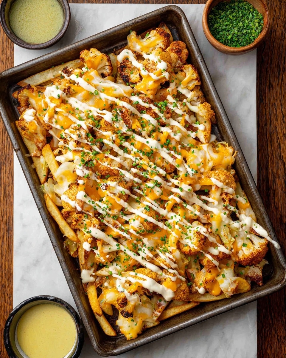 A tray filled with thick golden fries forms the bottom layer, topped unevenly with browned, roasted cauliflower pieces. Melted cheddar and mozzarella cheese cover the fries and cauliflower, creating a gooey, bright orange and white layer. A pale creamy sauce is drizzled in a crisscross pattern over the cheese, and finely chopped green herbs are sprinkled on top, adding small green dots of color. The tray sits on a wooden surface with small bowls of sauce and green herbs nearby, all placed on a white marbled texture. Photo taken with an iphone --ar 4:5 --v 7