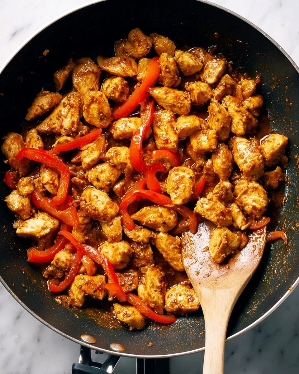 A white bowl is filled half with fluffy white rice, and the other half with yellow curry chicken mixed with red bell pepper strips. The curry sauce is creamy and coats tender chicken chunks and pepper slices. Fresh green herbs are sprinkled on top, adding color contrast. A woman's hand is holding a fork about to scoop the dish. In the background, part of a white plate with folded pieces of pita bread is visible on a white marbled surface with a gray cloth beneath the bowl. photo taken with an iphone --ar 4:5 --v 7