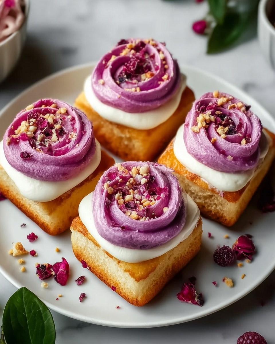 Four square-shaped, golden-brown soft cakes are placed on a white plate. Each cake has two layers of cream on top: the bottom one is a thick, smooth white cream, and the top one is a bright purple cream, swirled in a circular rose shape. Scattered on the cream are small, crushed nut pieces and tiny dark red berry bits, adding texture and color contrast. Around the cakes on the plate are a few scattered berry pieces and a fresh green leaf, all set on a white marbled surface. photo taken with an iphone --ar 4:5 --v 7