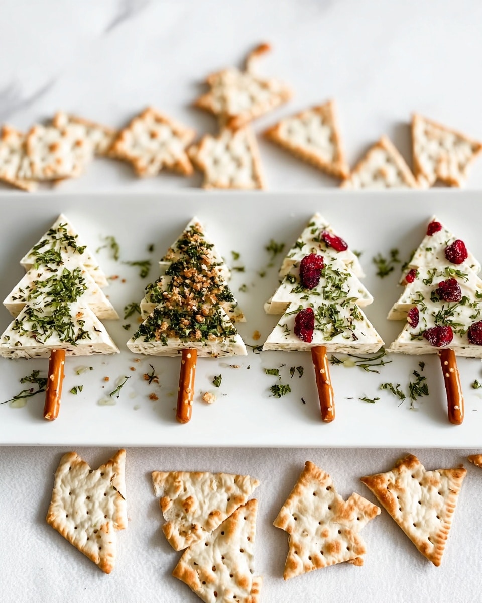 The image shows a white rectangular plate on a white marbled surface, holding small Christmas tree-shaped snacks. Each snack has two layers: a triangle layer of white cheese covered with green herbs and some red berries on top, and a short pretzel stick below as the tree trunk. The cheese triangles have a smooth creamy texture with some sprinkles of chopped green herbs and red berries. In between, there are a few triangles coated with finely chopped dry herbs giving a brown and green rough texture. Around the plate, there are multiple tree-shaped white crackers with slightly browned edges loosely scattered. Photo taken with an iphone --ar 4:5 --v 7