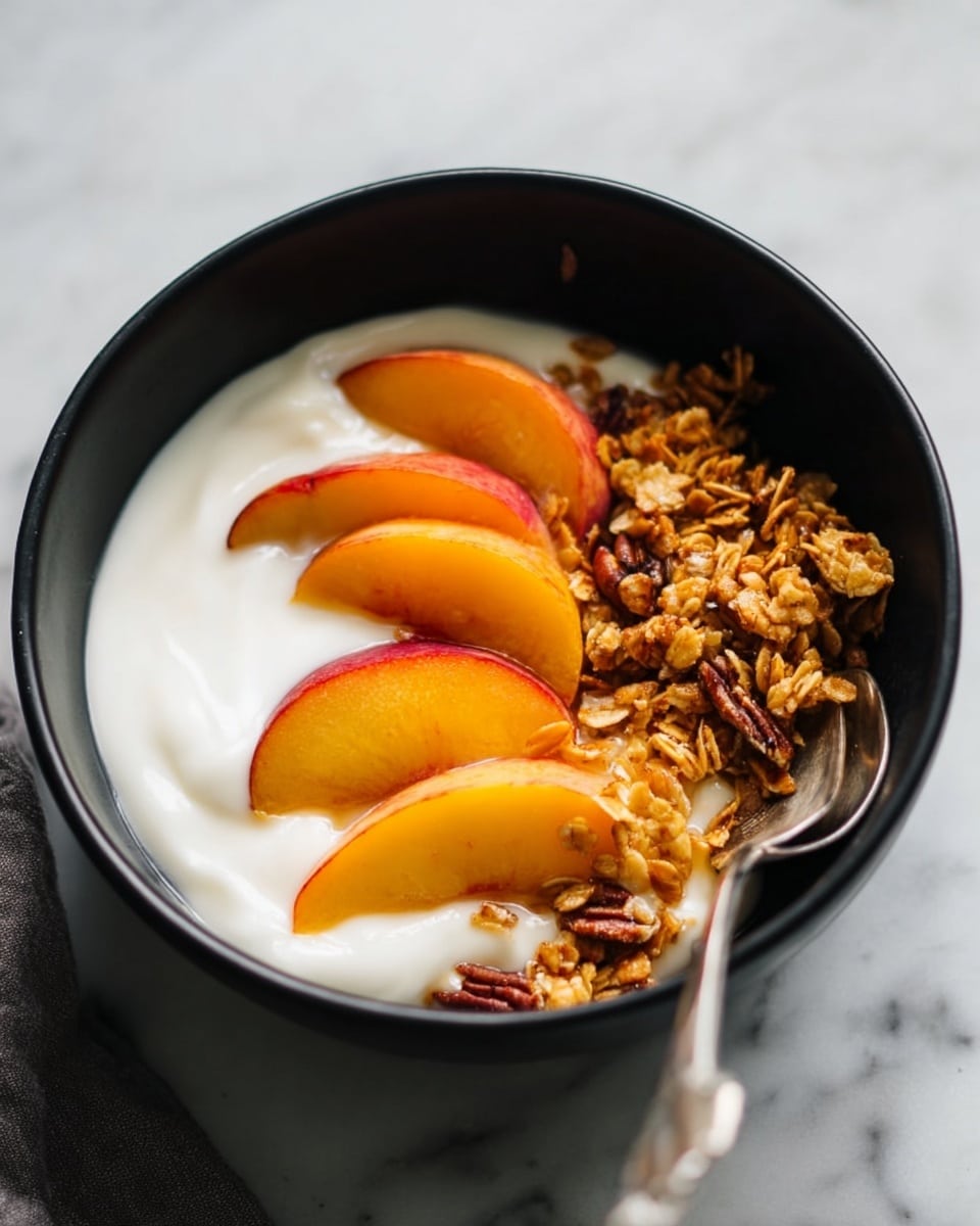 A black bowl sits on a white marbled surface, filled with a base layer of smooth white yogurt. On top, there are three thick slices of shiny, amber-orange cooked peaches placed in a fan shape on one side. Next to the fruit, a crunchy layer of golden brown granola with visible clusters and some pecans is piled on the other side, adding texture contrast. A silver spoon is partially submerged in the yogurt and granola, resting on the edge of the bowl. The lighting highlights the juicy shine of the peach slices and the creamy texture of the yogurt. photo taken with an iphone --ar 4:5 --v 7