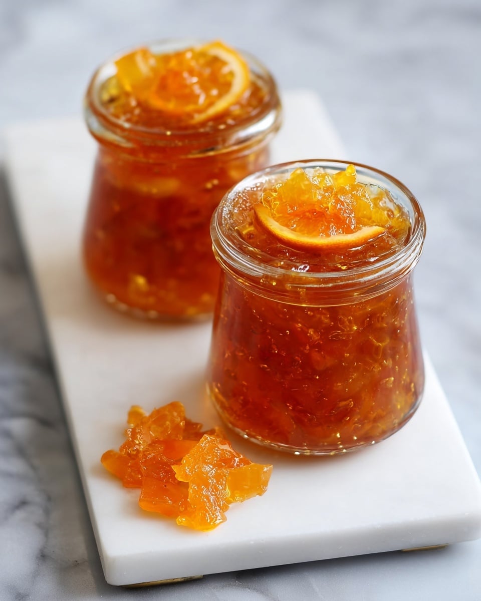 Two small glass jars are filled with thick orange marmalade, showing visible slices of orange peel suspended in the glossy, amber-colored jelly. Each jar is topped full, with pieces of orange rind protruding slightly above the rim, giving a textured, chunky appearance. One jar sits slightly in front of the other on a simple white rectangular platter with smooth edges, resting on a white marbled surface. Near the front jar, a small pile of bright orange marmalade pieces is placed directly on the platter, adding a close-up detail to the scene. photo taken with an iphone --ar 4:5 --v 7