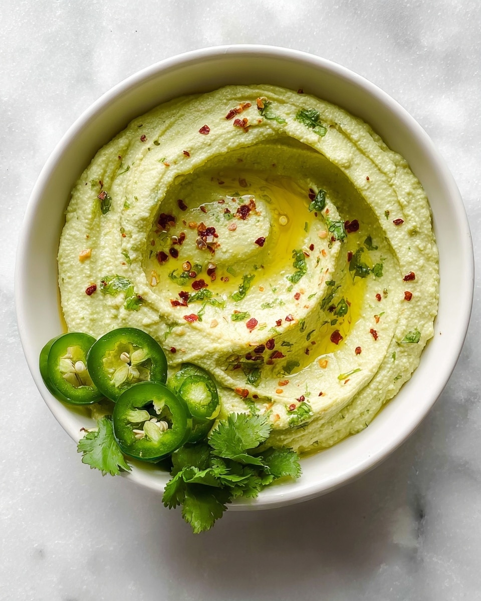 A white bowl filled with creamy, pale green hummus with a smooth and slightly swirled texture, having a minor dip in the center holding yellow olive oil. Around the olive oil are scattered small red chili flakes adding a touch of red color. On one side of the bowl, there are three sliced rounds of fresh green jalapeño peppers and a small bunch of fresh, green cilantro leaves for garnish. The bowl is placed on a white marbled surface. Photo taken with an iphone --ar 4:5 --v 7