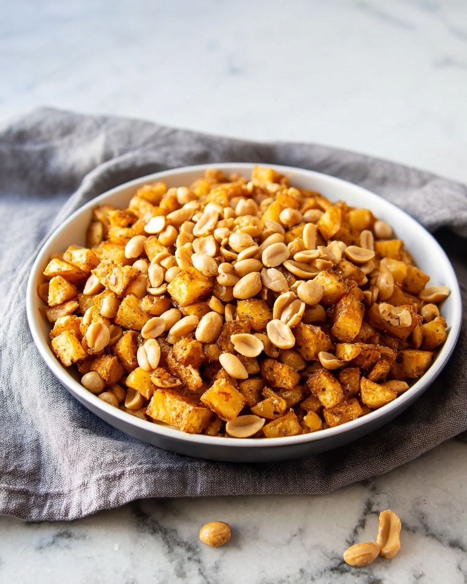 A bowl filled with two layers: the bottom and main layer consists of small, browned fried potato cubes with a crispy texture and golden orange color. Scattered on top of this layer are light beige, smooth peanuts evenly spread across the bowl. The bowl itself is white with a simple wide rim. The setting is on a white marbled surface with a light gray cloth casually lying next to the bowl. Photo taken with an iphone --ar 4:5 --v 7