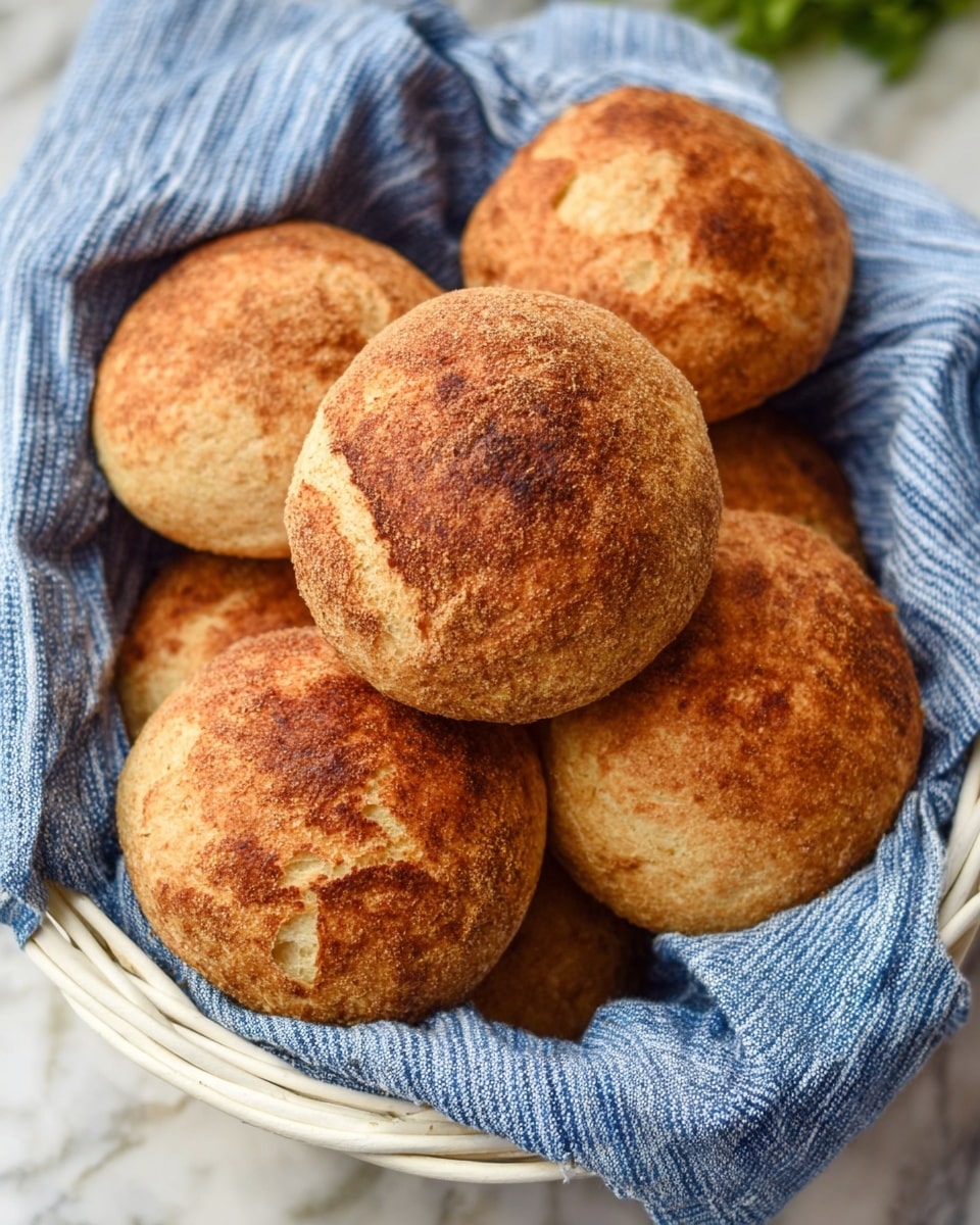 A white basket lined with a blue and white striped cloth holds six round bread rolls. Each roll has a rough, crumbly, golden-brown crust with some darker toasted spots, showing a crunchy texture. The rolls are stacked closely together, filling the basket, which is placed on a white marbled surface partly visible at the edge. photo taken with an iphone --ar 4:5 --v 7