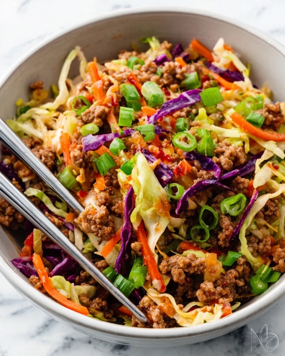 A close-up image of a white bowl filled with a colorful dish made of cooked ground meat on top. Below the meat, there are visible layers of mixed shredded vegetables including green cabbage, purple cabbage, bright orange carrot strips, and chopped green onions. The textures show a mix of soft cooked meat with crunchy fresh vegetables. Two metal chopsticks rest on the edge of the bowl, slightly lifting some of the food. The background is a white marbled surface. Photo taken with an iphone --ar 4:5 --v 7