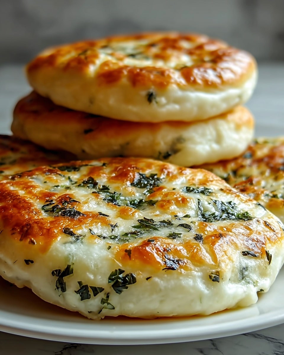 The image shows a close-up of four round, thick flatbreads stacked on a white plate, each about two layers thick. The flatbreads have a golden-brown, slightly crispy outer layer with specks of dark green herbs mixed evenly throughout the creamy white dough. The surface looks glossy and soft, with some parts slightly browned from cooking. The plate is placed on a white marbled texture that is softly blurred in the background. photo taken with an iphone --ar 4:5 --v 7