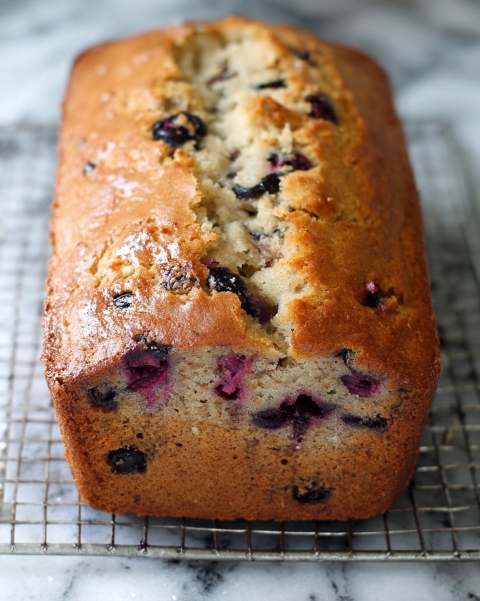 A loaf of blueberry bread with a golden-brown crust cracks open at the top, showing a soft, light beige inside spotted with dark purple blueberries. The bread is thick and rectangular, resting on a metal cooling rack placed on a white marbled surface. The crust has some rough textures with small cracks and baked blueberry spots, giving it a homemade feel. Photo taken with an iphone --ar 4:5 --v 7