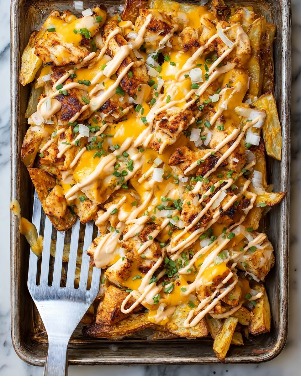 A metal tray filled with a thick base layer of cooked potato wedges that are golden and crispy, topped with grilled chicken pieces that have a slightly charred, brown texture. Over the chicken, there is a generous layer of melted yellow and white cheese blending together, creating a gooey and smooth texture. Drizzled on top is a creamy sauce in thin, crisscross lines, light beige in color. Small green chive pieces are sprinkled across the whole dish, adding a fresh touch. A metal spatula is partially under the food at the bottom left corner on a white marbled surface. photo taken with an iphone --ar 4:5 --v 7