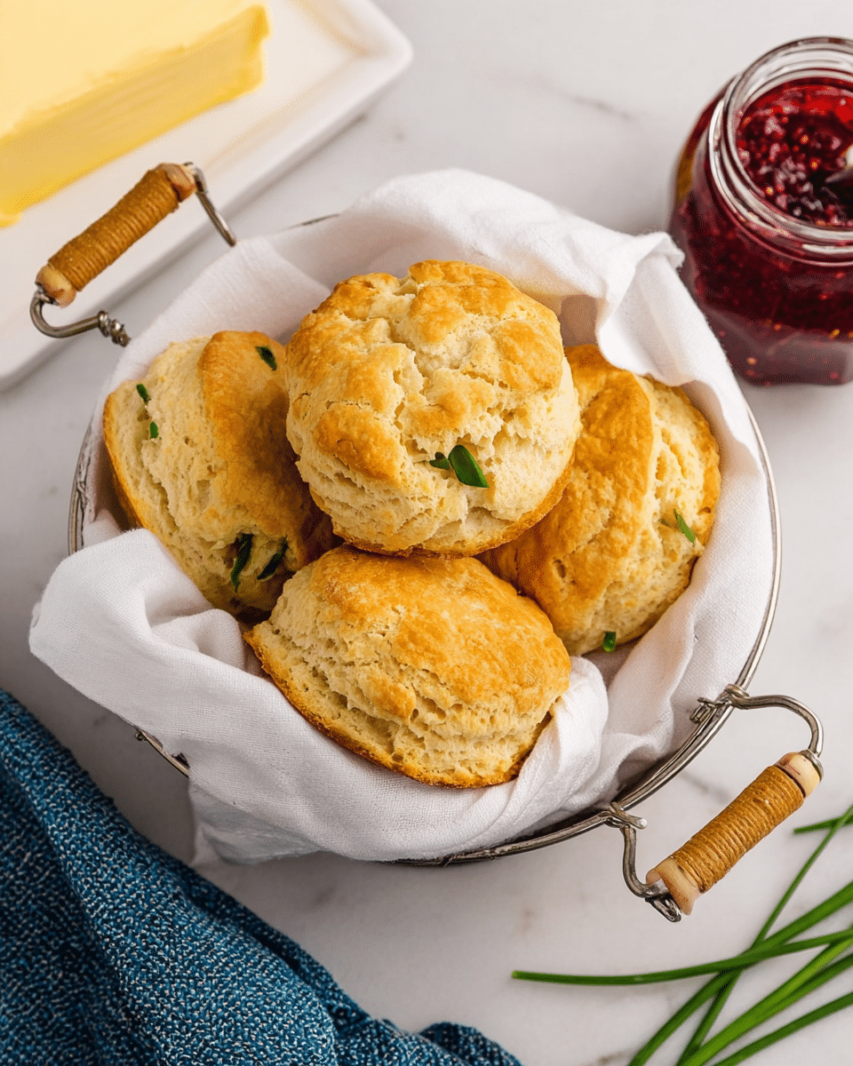 A small metal basket with wooden handles lined with a white cloth holds five golden brown biscuits with a soft, flaky texture, some slightly cracked on top showing their fluffy insides. Small green chive pieces are scattered on and around the biscuits for a touch of color. Around the basket, a white marbled surface holds a jar of red jam with seeds, a white rectangular plate with a stick of yellow butter, and a blue woven cloth. The scene is bright and clean, focusing on the warm biscuits ready to eat. photo taken with an iphone --ar 4:5 --v 7