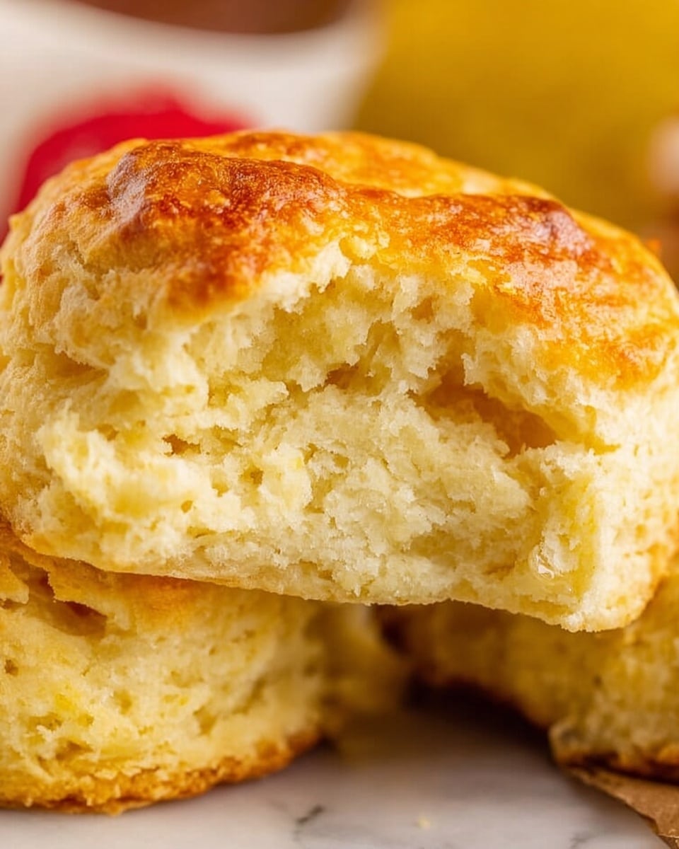 A close-up image of a thick, golden-brown biscuit broken in half to show its soft, fluffy inside with a light, airy texture. The biscuit top is slightly shiny with a light crust, while the inside is pale yellow and crumbly. Behind the biscuit, there is a blurry, warm yellow background and a hint of a red and white item. The biscuit rests on a white marbled surface. photo taken with an iphone --ar 4:5 --v 7
