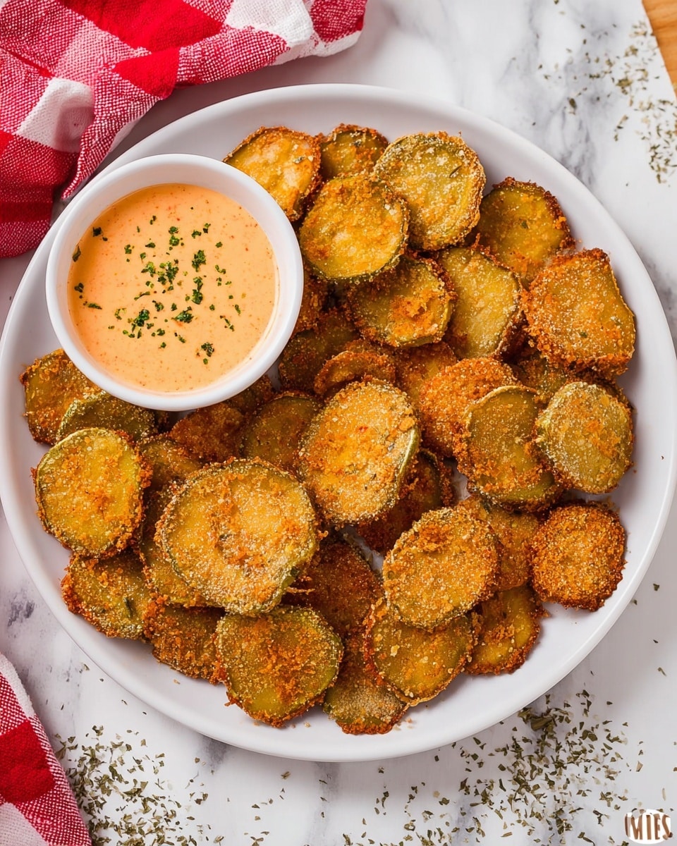 A white plate filled with two layers of golden-brown fried pickle chips, each chip having a crunchy texture and irregular round shapes with slightly green edges visible beneath the breading. In the upper left section of the plate rests a small white bowl filled with creamy, orange dipping sauce sprinkled with green herbs. The plate is set on a white marbled surface scattered with dried herb flakes, and a red and white checkered cloth is partly visible on the left side. photo taken with an iphone --ar 4:5 --v 7