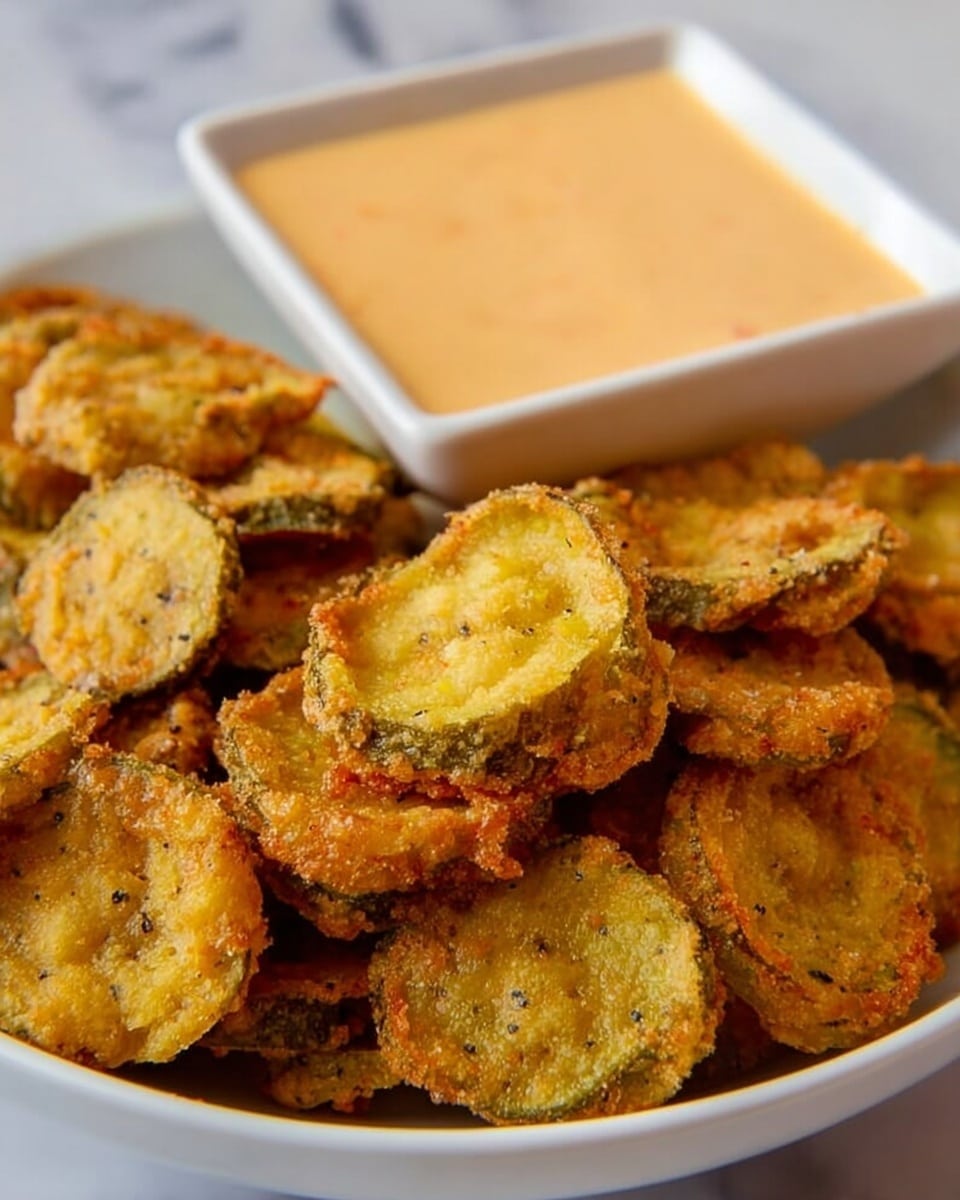 A white bowl filled with many golden, crispy fried pickle slices stacked on top of each other, with a crunchy texture and some visible seasoning on the surface. Next to the bowl is a square white dipping dish filled with creamy, light orange sauce. The background is a white marbled surface, creating a clean and simple setting. photo taken with an iphone --ar 4:5 --v 7