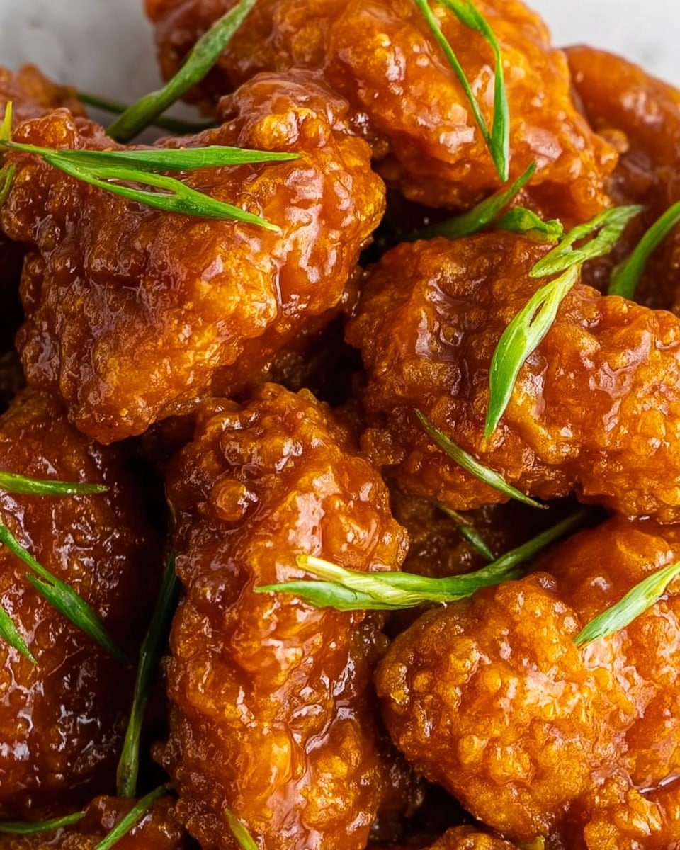 The image shows several pieces of fried chicken coated in a shiny, sticky orange-brown sauce, arranged closely together. On top, thin, long green chive strips are scattered, adding a fresh contrast to the rich sauce. The chicken pieces have a crispy texture under the sauce, looking tender and flavorful. The background is a white marbled surface, highlighting the vibrant colors of the dish. Photo taken with an iphone --ar 4:5 --v 7