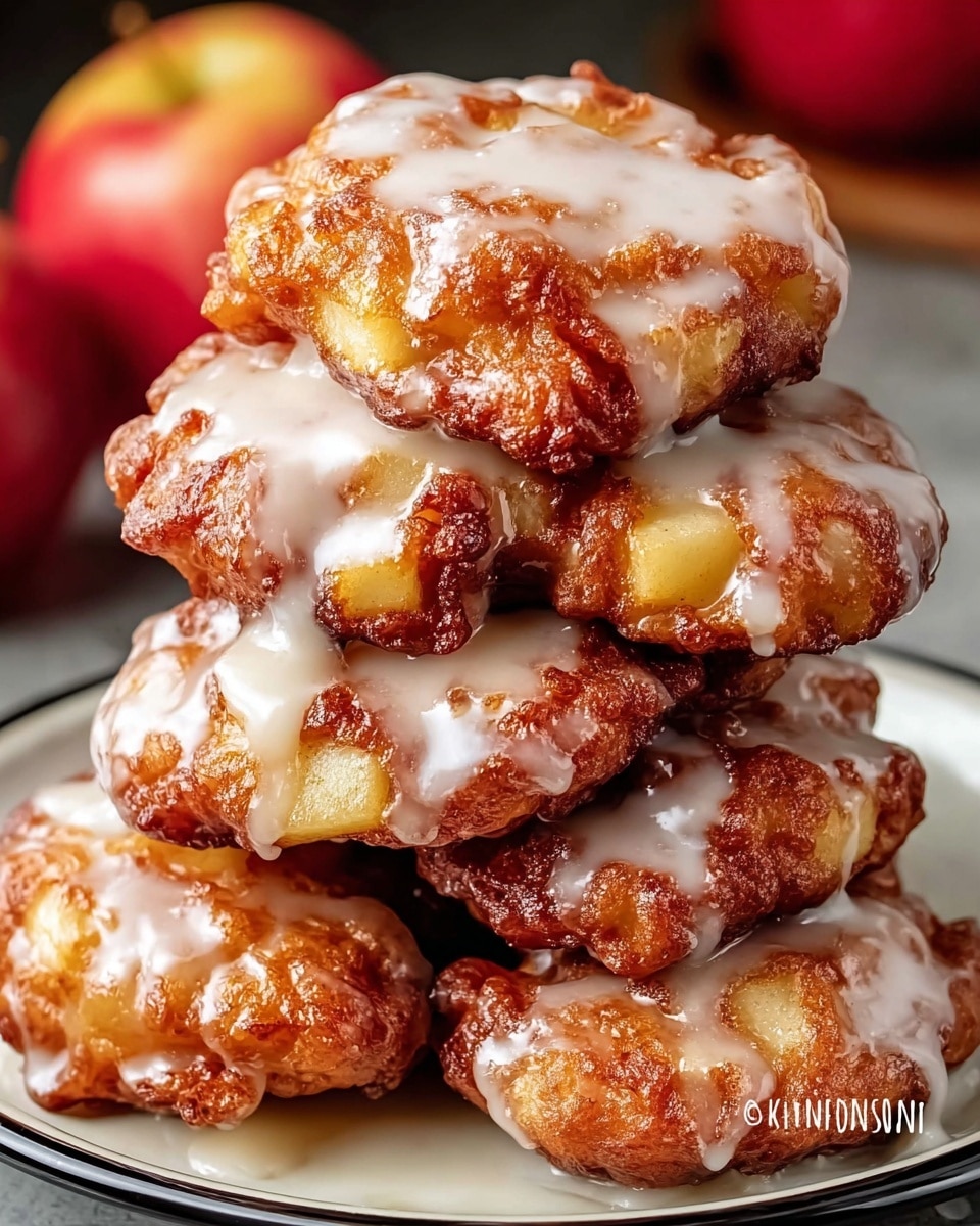A stack of six golden brown fritters with crispy, uneven edges and a slightly rough texture, each covered in a thick layer of shiny white glaze that drips down the sides. The fritters reveal small pieces of light yellow apple inside, adding a softer texture inside the crunchy outside. The stack sits on a white plate with a black rim, set on a white marbled background, and two red apples appear blurred in the back. The glaze adds a glossy, smooth contrast to the crunchy fritters, making the whole dish look warm and inviting. photo taken with an iphone --ar 4:5 --v 7