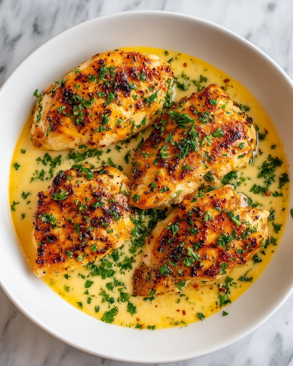 The image shows four pieces of grilled chicken breast placed closely in a white dish. Each chicken piece has a golden-brown crust with black pepper specks and small charred spots, giving a crispy texture. The chicken is covered with a light yellow creamy sauce that pools around the base of the dish. Bright green chopped parsley is sprinkled evenly over the chicken and sauce, adding a fresh contrast to the warm colors. The dish is set on a white marbled surface. photo taken with an iphone --ar 4:5 --v 7
