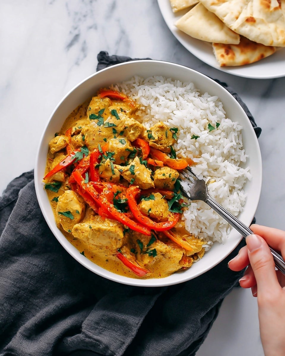 A close-up view of a black pan filled with cooked chicken pieces and sliced red bell peppers. The chicken is cut into small chunks, coated in a slightly shiny reddish-brown sauce with visible spices, giving it a rich texture. The red bell pepper slices are scattered evenly throughout, adding bright spots of color. A wooden spoon rests on the right side inside the pan, partially covered with sauce. The pan sits on a white marbled surface. photo taken with an iphone --ar 4:5 --v 7