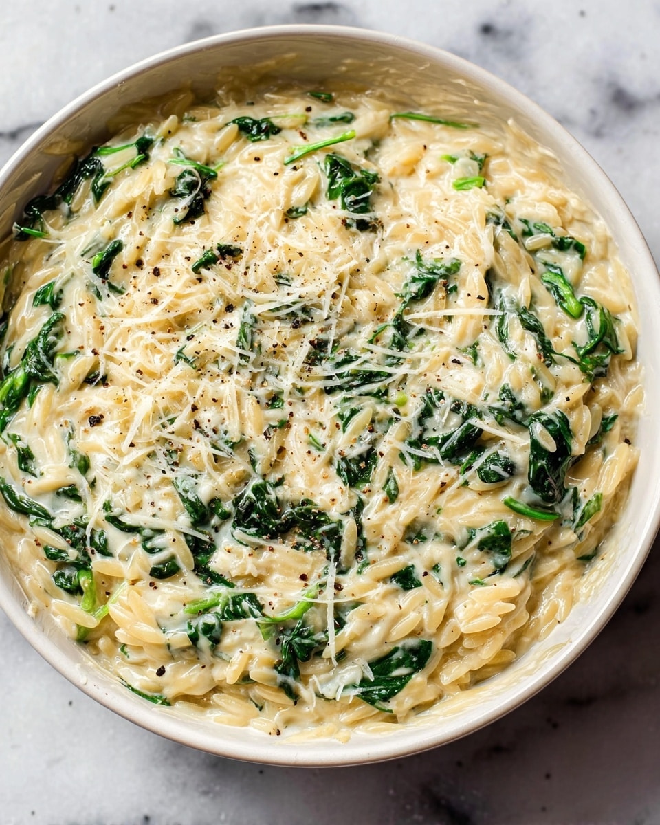 A close-up view of a creamy pasta dish in a pale yellow pot placed on a white marbled surface, showing a single layer of orzo pasta mixed with bright green spinach leaves. The orzo is coated in a light, smooth white sauce with small specks of black pepper scattered throughout. A wooden spoon with a natural wood texture rests on the right side, partially submerged in the creamy mixture. photo taken with an iphone --ar 4:5 --v 7