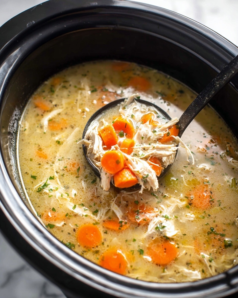 A close-up view of a slow cooker filled with chicken soup showing a creamy light golden broth as the base layer, mixed with vibrant orange carrot slices scattered throughout and chunks of white shredded chicken resting on top. Green herbs and small bits of celery are visible floating in the soup, adding specks of color and texture. A black ladle is partially submerged, scooping up a mix of broth, carrots, and chicken, with the slow cooker sitting on a white marbled surface. photo taken with an iphone --ar 4:5 --v 7