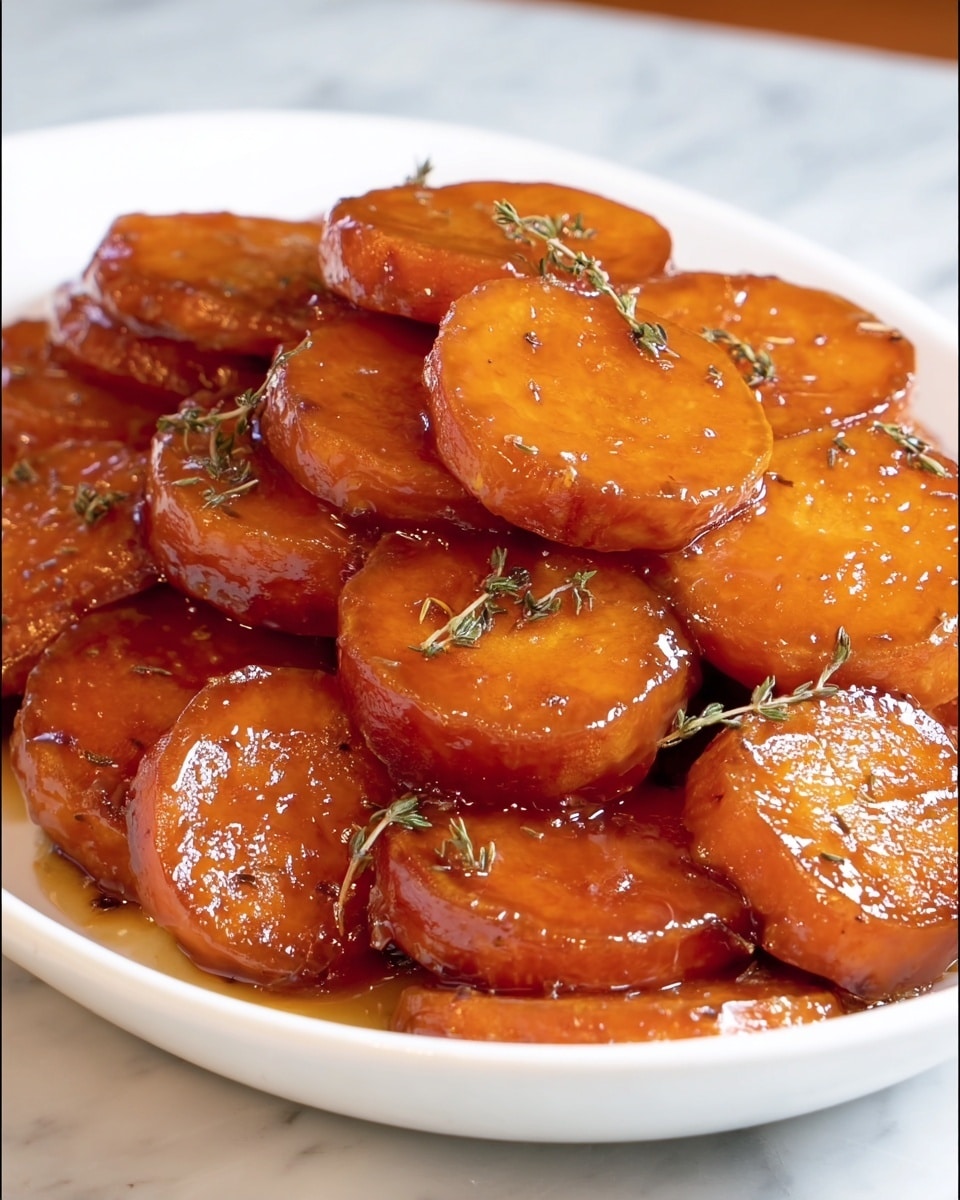 The image shows a white plate filled with thick, round slices of sweet potatoes that are coated in a shiny, caramel-colored glaze. The sweet potato slices are stacked in a loose pile and have a rich, glossy texture that reflects light. Tiny sprigs of dried herbs are sprinkled on top, adding a touch of green that contrasts with the warm orange and brown tones of the sweet potatoes. The plate sits on a white marbled surface that adds a clean and bright background to the dish. photo taken with an iphone --ar 4:5 --v 7