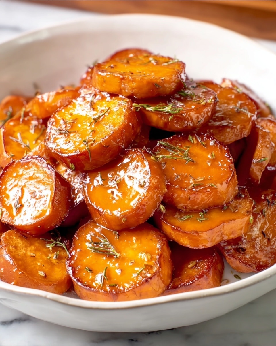A white bowl filled with thick, round slices of sweet potatoes, cooked to a shiny, caramelized golden-orange color, coated evenly with a glossy glaze that reflects light, and sprinkled with small, green herb pieces scattered lightly on top. The sweet potato slices are piled high, creating a textured, layered look with some slices resting on top of others, showing their soft yet firm edges. The bowl sits on a white marbled surface, with warm, soft lighting highlighting the rich colors and glossy finish of the dish. photo taken with an iphone --ar 4:5 --v 7