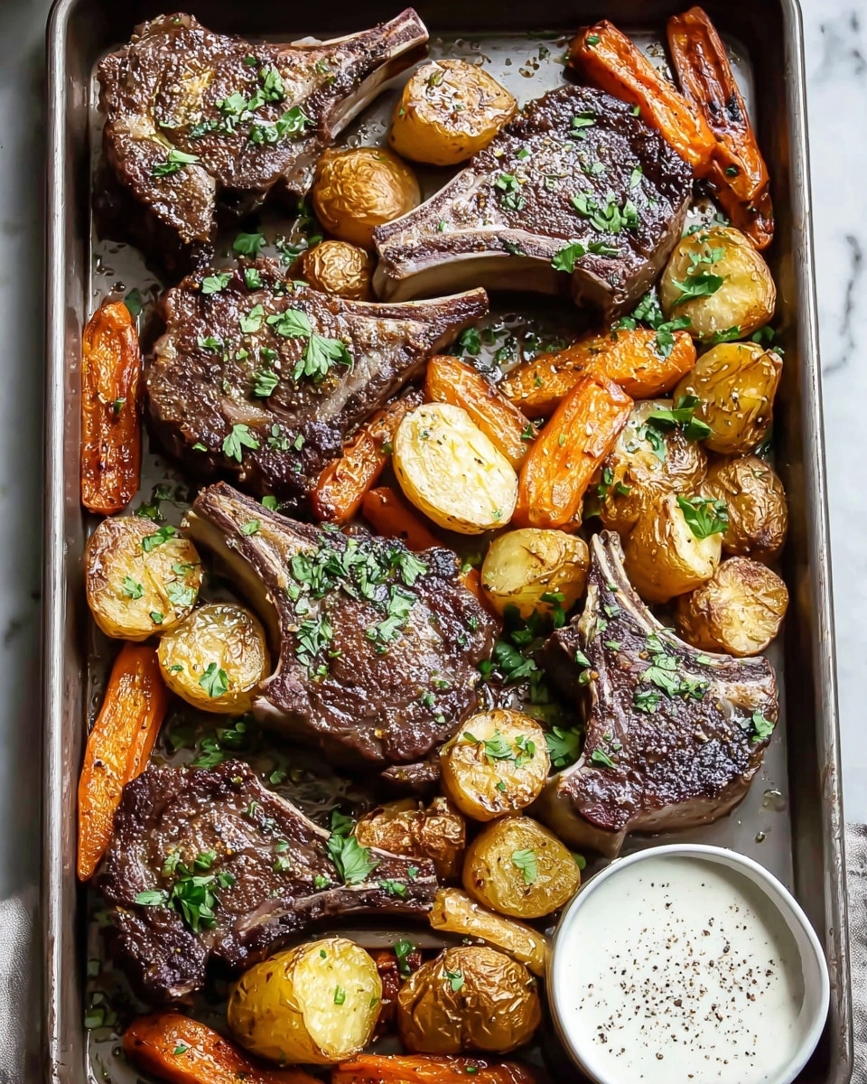 A metal baking tray holds a meal with several pieces of cooked lamb chops that are dark brown and slightly shiny, showing a textured grilled surface. Around the lamb chops are thick slices of roasted orange carrots and golden brown potato chunks, both with a slightly crisp, caramelized look. The dish is garnished with bright green chopped herbs scattered over the meat and vegetables. On the right side of the tray, there is a small white bowl filled with a creamy white sauce topped with some ground black pepper. The tray is set on a white marbled surface. photo taken with an iphone --ar 4:5 --v 7