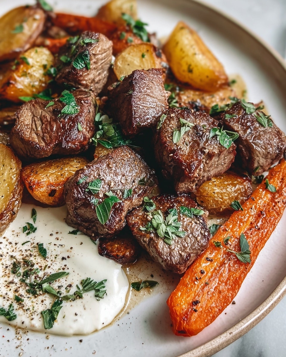 The image shows a white plate filled with four browned, grilled beef chunks placed in a loose cluster at the center, each piece topped with small green herb leaves. Surrounding the beef are roasted potato wedges, golden brown with a crisp texture, and thick carrot slices, deeply orange and slightly charred on the edges. A creamy white sauce is spooned in a patch on the side of the plate, sprinkled lightly with ground black pepper and green herbs. The dish is laid out on a white marbled surface, giving it a clean and bright setting. photo taken with an iphone --ar 4:5 --v 7