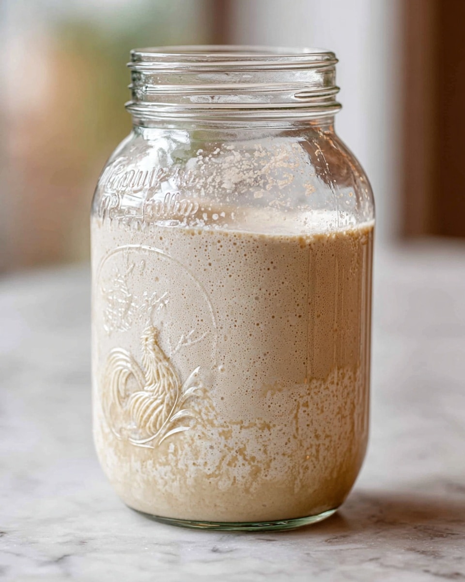 A clear glass jar with an embossed rooster design contains an active sourdough starter, showing a thick, bubbly, light beige mixture that fills about two-thirds of the jar; the inside of the jar near the rim is coated with some starter residue, and the surface below the jar is a white marbled texture, with a softly blurred background. photo taken with an iphone --ar 4:5 --v 7