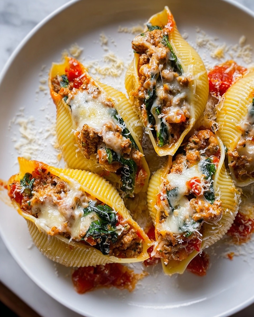The image shows a white plate with four large pasta shells filled with layers of cooked ground meat, green spinach leaves, and red tomato sauce. Each shell is topped with melted white cheese that looks soft and slightly browned in spots. The pasta shells are light yellow with a ridged texture, and the filling inside is chunky with visible pieces of meat and tomato. Some grated cheese is sprinkled around the plate, which is placed on a white marbled surface. photo taken with an iphone --ar 4:5 --v 7