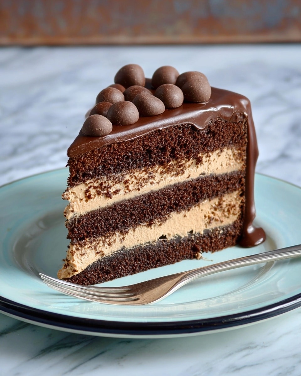 A slice of three-layer chocolate cake sits on a white plate with a pale blue center and black rim. The cake has three thick dark brown chocolate sponge layers separated by two light brown creamy chocolate frosting layers. The top is covered with a smooth dark chocolate glaze that drips slightly down the side. On top, there are six round chocolate pieces arranged in a small cluster. The plate is on a white marbled surface and next to it lies a silver fork. Photo taken with an iphone --ar 4:5 --v 7