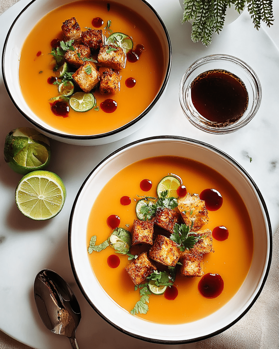Two white bowls with black rims hold smooth, bright orange soup. Each bowl is topped with golden-brown roasted cubes, small dark red sauce drops, green herb leaves, and thin green slices. The bowls sit on a white marbled surface next to a small clear bowl filled with dark brown liquid and a spoon holding two fresh lime halves. A green plant is visible in the corner, adding color contrast. The scene is clean and bright, with soft natural light and a cozy feel. photo taken with an iphone --ar 4:5 --v 7