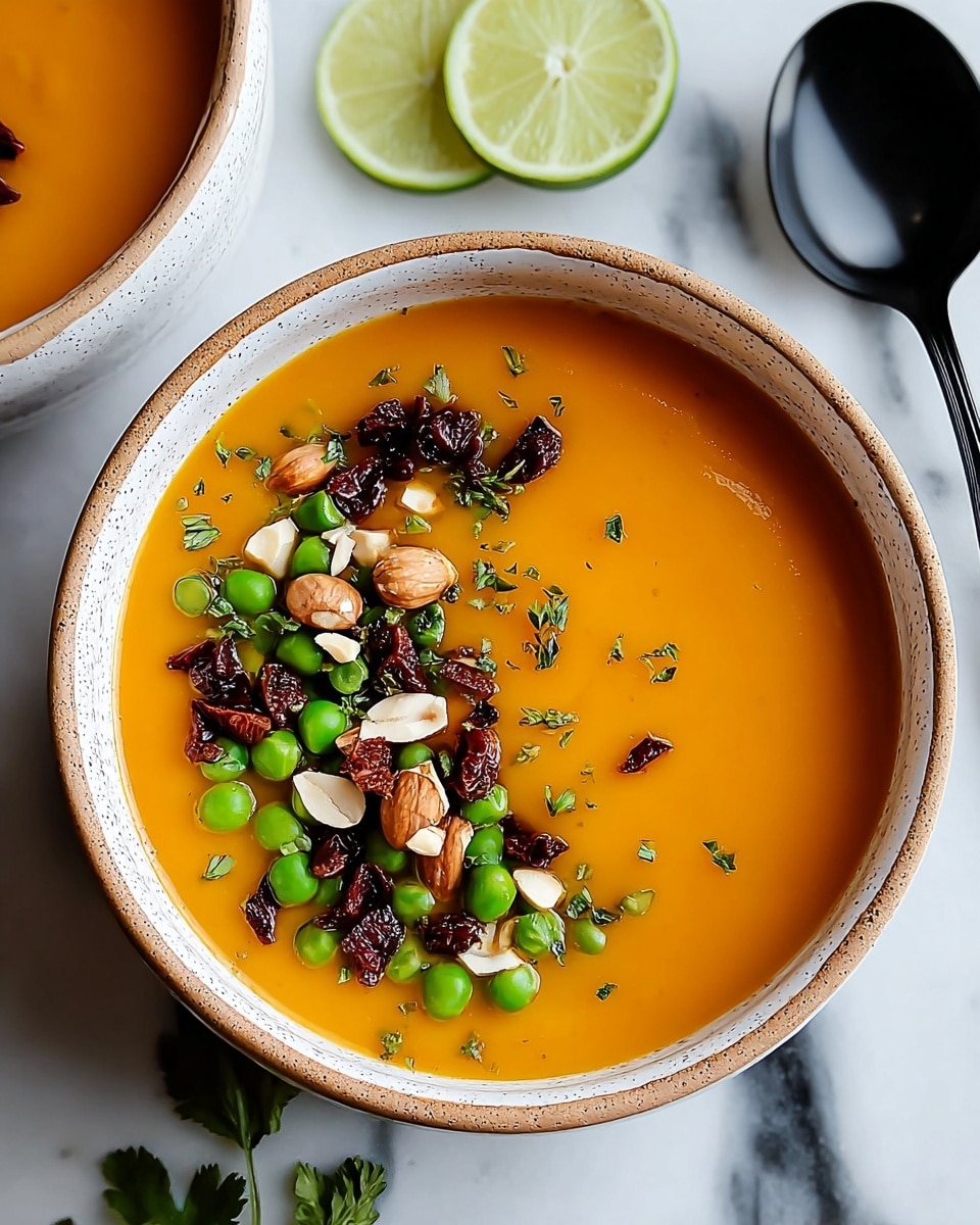 The image shows a bowl of smooth orange soup filling most of the bowl, with a topping cluster on one side made of bright green peas, chopped nuts in light brown and white colors, dark red dried fruit pieces, and scattered green herbs. The bowl is white with a light brown speckled rim, resting on a white marbled surface. In the background, there is a black spoon with two lime halves placed nearby on the white marbled surface. Photo taken with an iphone --ar 4:5 --v 7