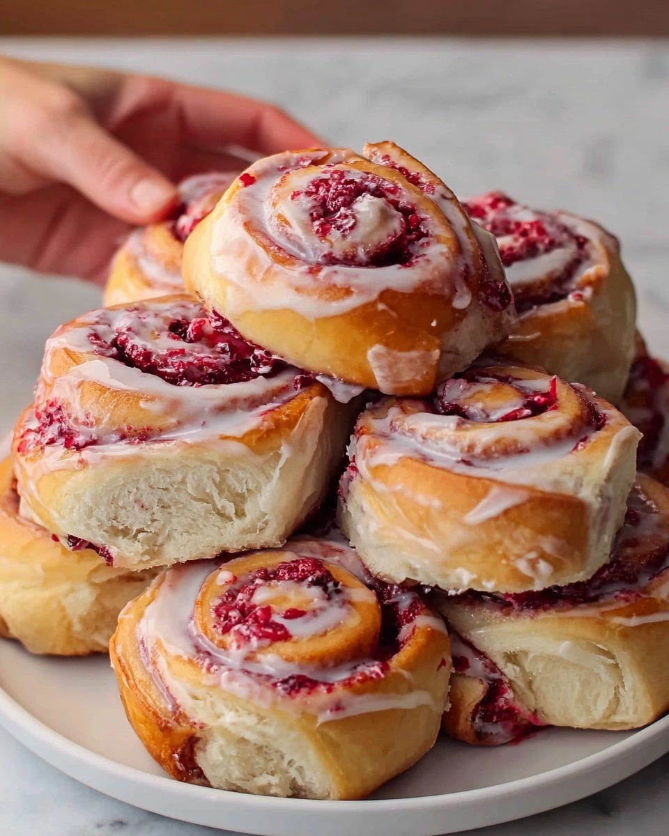 A white plate is filled with several round cinnamon rolls stacked on top of each other, each showing a light golden-brown crust with a soft, fluffy texture. The rolls have a thick swirl shape with bright red raspberry filling visible in the spiral center and a white glaze drizzled unevenly over the tops, giving a shiny look. The raspberry filling looks chunky with some small pieces of fruit, adding a rich red contrast to the creamy glaze and bread. In the top left corner, a woman's hand is reaching toward the rolls. The background is a white marbled texture. photo taken with an iphone --ar 4:5 --v 7