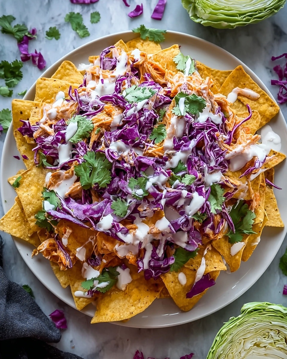 A white plate filled with three layers: the bottom layer is golden-yellow tortilla chips arranged in a loose pile, the middle layer consists of shredded orange-colored chicken spread over the chips, and the top layer has bright purple shredded cabbage scattered generously. White creamy sauce is drizzled unevenly over the top, and fresh green cilantro leaves are placed on the cabbage for garnish. The plate is set on a white marbled surface with a cut piece of green cabbage and some scattered green cilantro leaves and purple cabbage pieces around. photo taken with an iphone --ar 4:5 --v 7