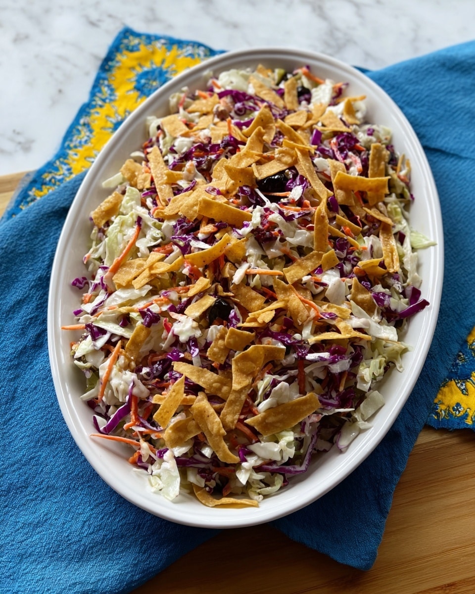 A white oval plate is filled with a colorful salad composed of several layers. The base layer has finely shredded white cabbage, mixed with thin strips of purple cabbage adding a vibrant contrast. Mixed throughout are thin carrot pieces and black olive slices, adding pops of orange and dark purple-black. Scattered evenly on top are crispy, golden-brown tortilla strips that add texture and crunch, spread across the salad's surface. The plate sits on a blue cloth with a yellow patterned edge, all placed on a white marbled surface. photo taken with an iphone --ar 4:5 --v 7