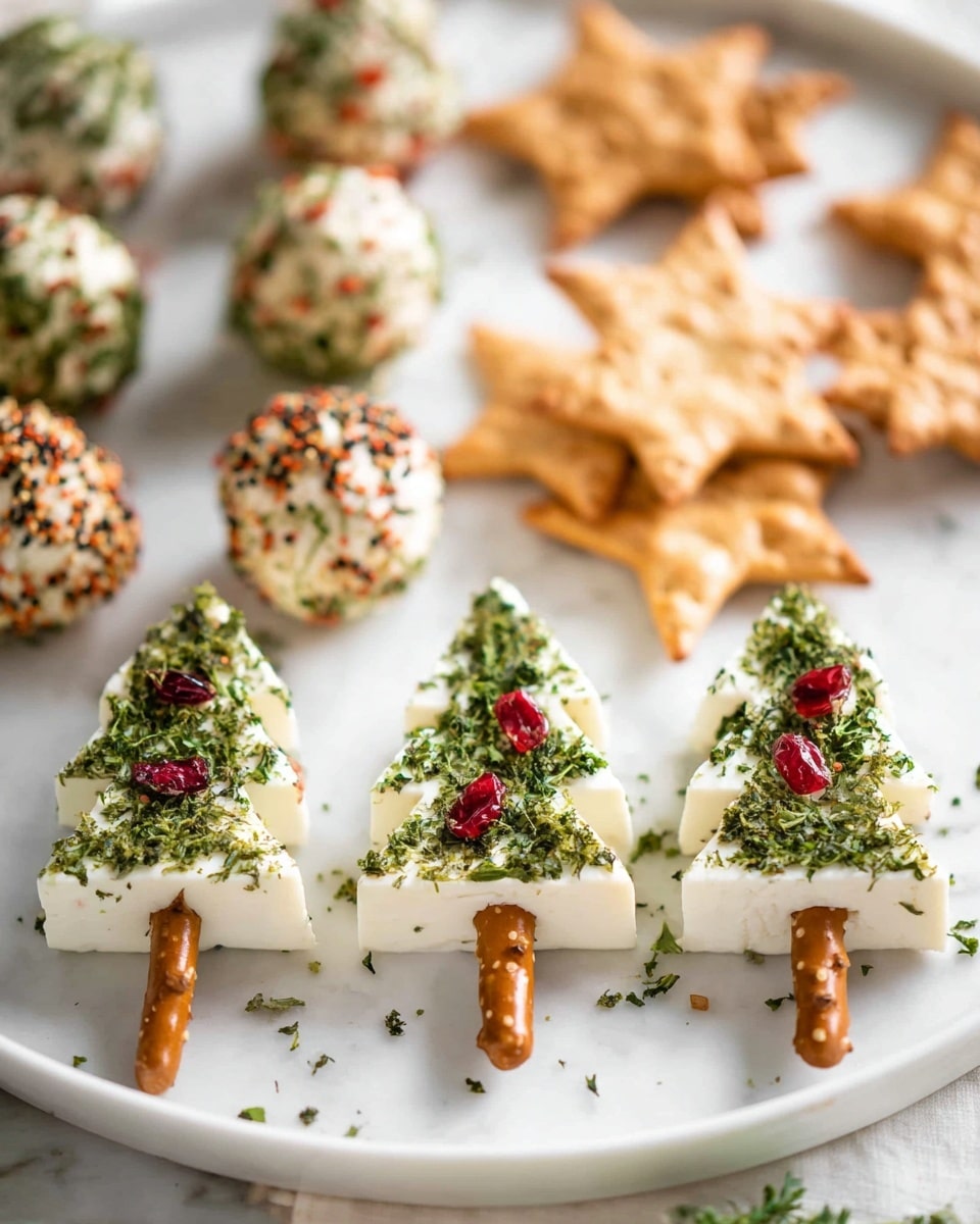 The image shows a white plate on a white marbled surface holding Christmas tree-shaped cheese pieces decorated with chopped green herbs and small red berries on top, with small brown pretzels at the bottom acting as the tree trunks; in the background, there are star-shaped crackers topped with round cheese balls covered in green, red, and black seasoning. Photo taken with an iphone --ar 4:5 --v 7