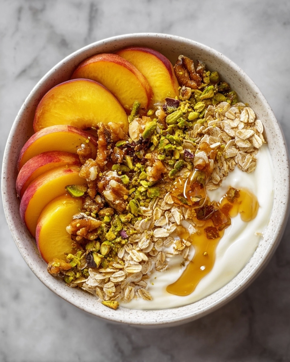 A white bowl filled with three main layers: a creamy white yogurt base on the right side, topped with light brown rolled oats spread on the left side, and bright yellow peach slices arranged fan-like along the top left edge. In the center, a layer of mixed crushed green pistachios and brown nuts adds texture and color. A drizzle of amber honey flows gently over the yogurt near the center right. The bowl sits on a white marbled surface. photo taken with an iphone --ar 4:5 --v 7