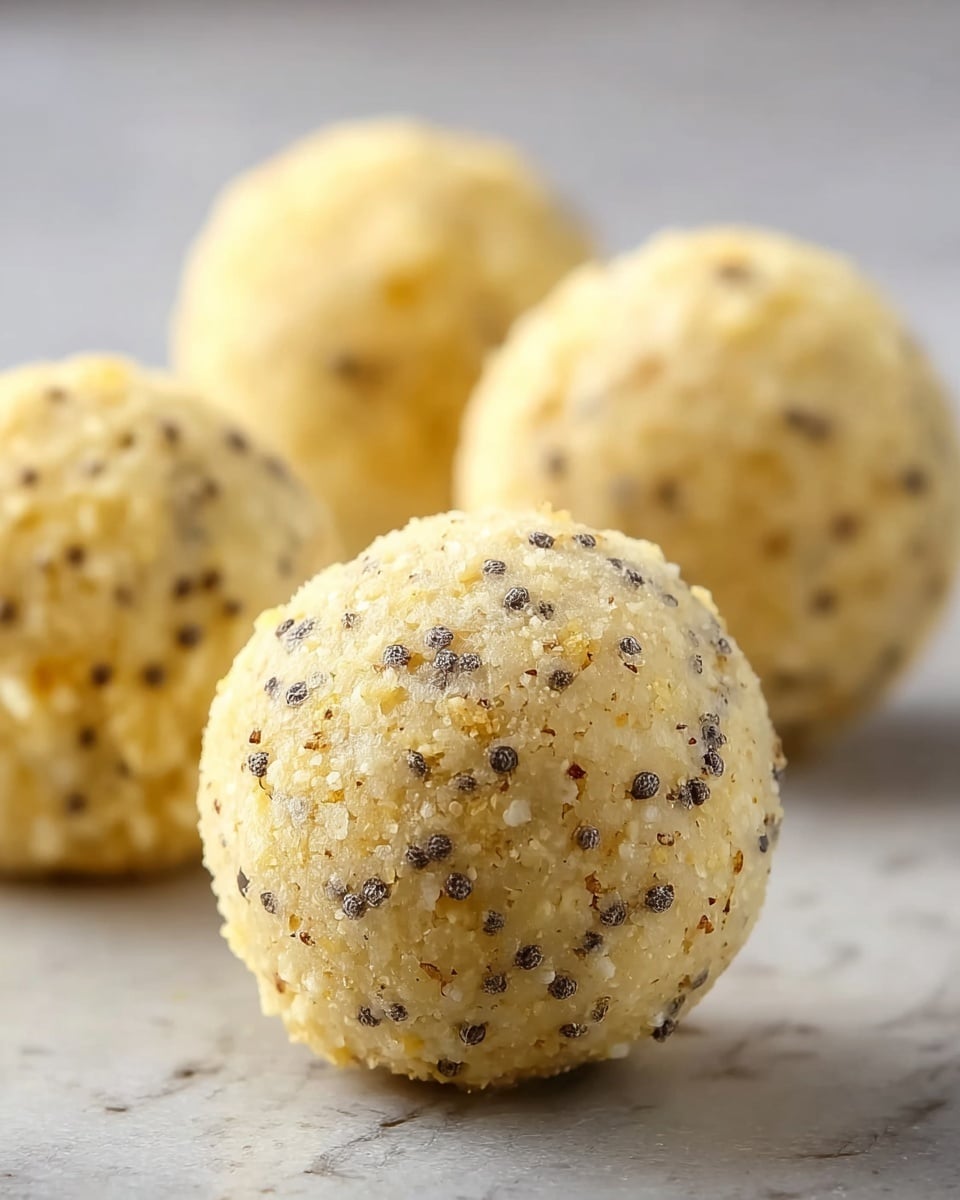 The image shows six round, light beige balls with a slightly rough texture, speckled with many small black seeds and small oat flakes. These balls are placed closely together inside a simple white bowl, which sits on top of a blue and white patterned cloth. The bowl is on a white marbled surface. The balls appear dry and crumbly with visible bits of oats mixed throughout. photo taken with an iphone --ar 4:5 --v 7