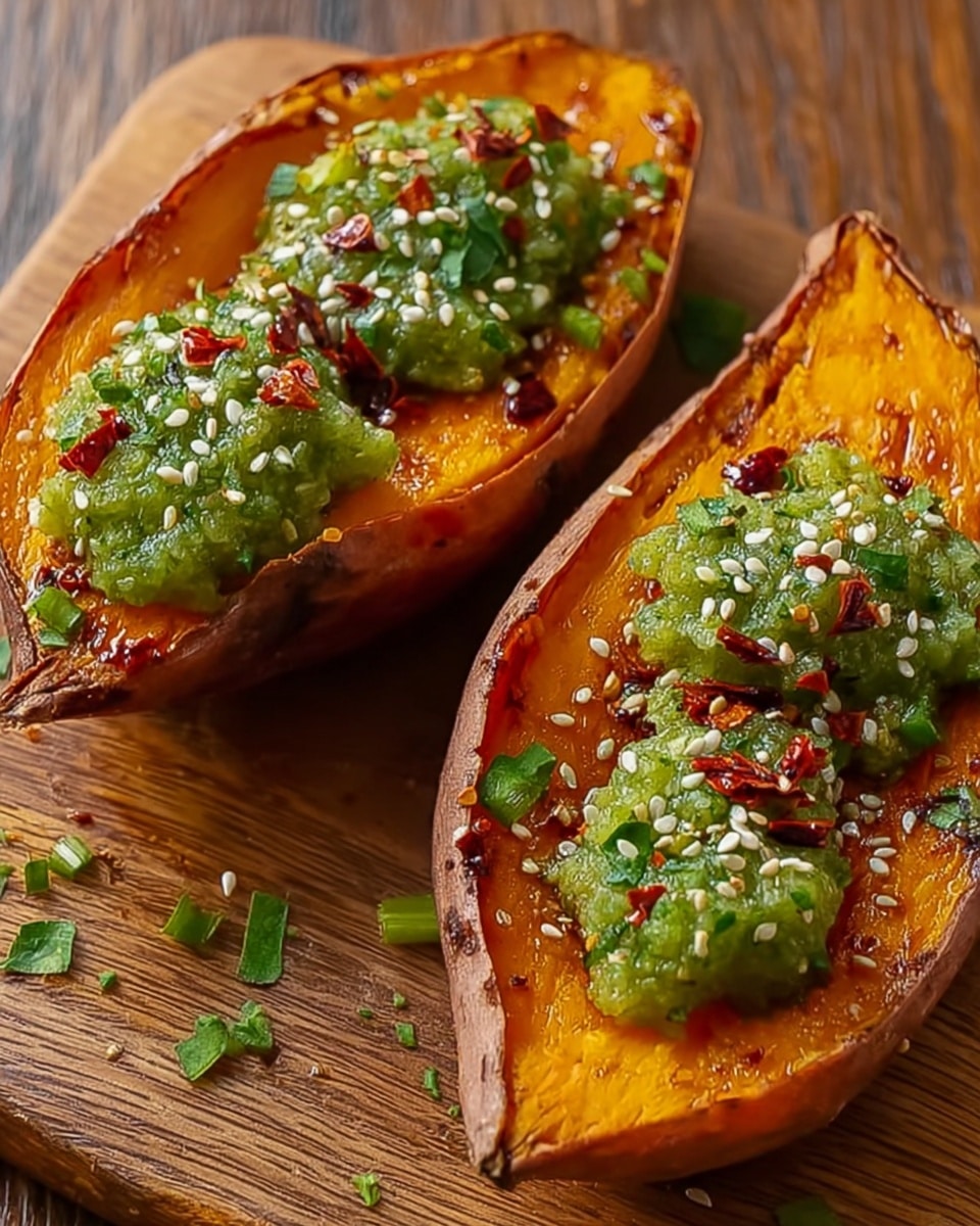 The image shows a baked potato cut in half and placed on a wooden cutting board with a small clear glass bowl of red sauce nearby. Each potato half has a golden-yellow soft inside with a thin skin edge stained purple. On top of the potato, there are small green herb pieces and a few bright red sliced chili rings. One half has a fork holding some scooped potato. The setting is simple with a white marbled surface in the background. photo taken with an iphone --ar 4:5 --v 7