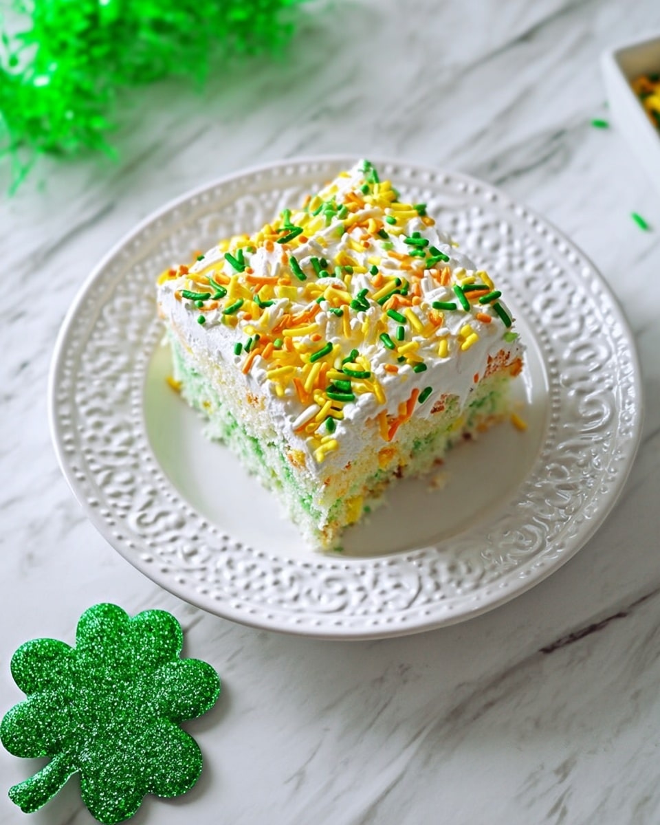 A square piece of cake sits in the center of a white embossed plate, placed on a white marbled surface. The cake has two visible layers: the bottom is a light green sponge, and the top is a thick white frosting layer covered with yellow, green, and orange sprinkles of different shapes and sizes. To the left of the plate, there is a glittery green shamrock decoration. The scene is brightly lit, highlighting the cake’s texture and colors. photo taken with an iphone --ar 4:5 --v 7
