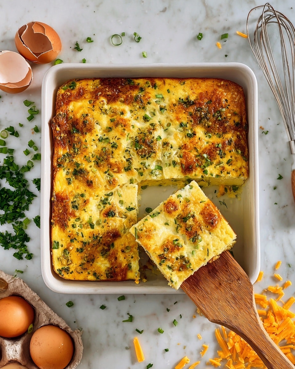 A square white baking dish holds a baked egg casserole with two visible layers: a golden-brown top layer with lightly browned spots and scattered green herbs (chopped spring onions and parsley) and a soft, creamy yellow egg base beneath it. The casserole is cut into squares, with one square lifted on a wooden spatula, showing the fluffy texture inside. Around the dish, there are some cracked brown eggshells on the left, more chopped green onions and parsley scattered on a white marbled surface, along with some shredded orange cheese and a metal whisk on the right. photo taken with an iphone --ar 4:5 --v 7
