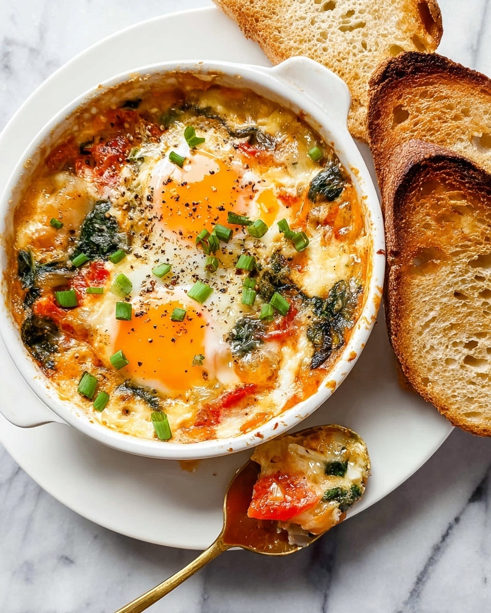 A white round ceramic dish filled with baked eggs in a colorful vegetable and cheese mixture. The base layer is chunky and creamy with orange-yellow melted cheese, red tomato pieces, spinach leaves, and bits of onion and pepper. On top, two cooked eggs with bright orange yolks and soft white edges are sprinkled with chopped green onions and black pepper. The dish sits on a white plate with two toasted rustic bread slices on the side. A gold spoon holds a scoop of the dish showing the cheesy, vegetable-rich inside. The whole scene is on a white marbled surface. photo taken with an iphone --ar 4:5 --v 7