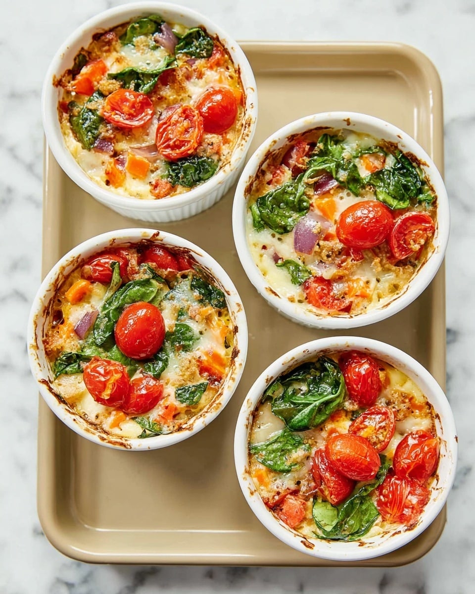 Four white round ramekins filled with a colorful baked dish sit in a beige baking tray on a white marbled surface. Each ramekin contains layers starting with a base of chopped orange bell pepper and red onion, covered with bright green spinach leaves. On top, there are whole red cherry tomatoes and creamy melted cheese with a slightly browned, bubbly texture. The edges of the ramekins show the cooked mixture, giving a homemade and hearty look. The dish is vibrant with reds, greens, and orange hues, all inside clean white ramekins. Photo taken with an iphone --ar 4:5 --v 7