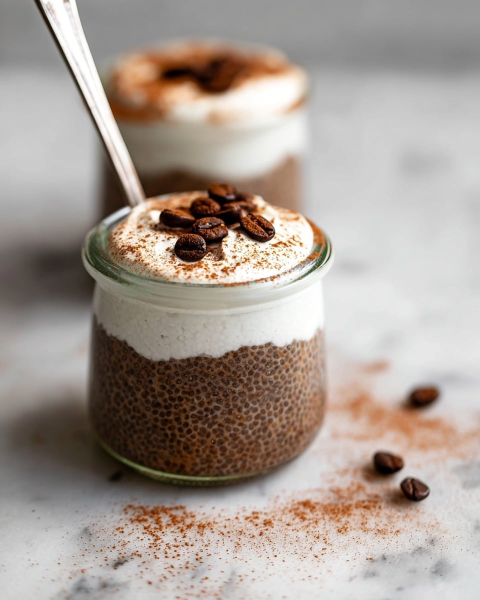 A clear glass jar shows two layers: the bottom layer is dark brown with a textured look from chia seeds mixed in a pudding, and the top layer is smooth white cream. The white cream layer is sprinkled with fine brown powder and has several dark brown coffee beans scattered on top. A silver spoon is placed inside the jar, sticking out at an angle. The jar sits on a white marbled surface with some brown powder sprinkled around it. A similar jar with the same layered dessert and spoon stands blurred in the background. Photo taken with an iphone --ar 4:5 --v 7